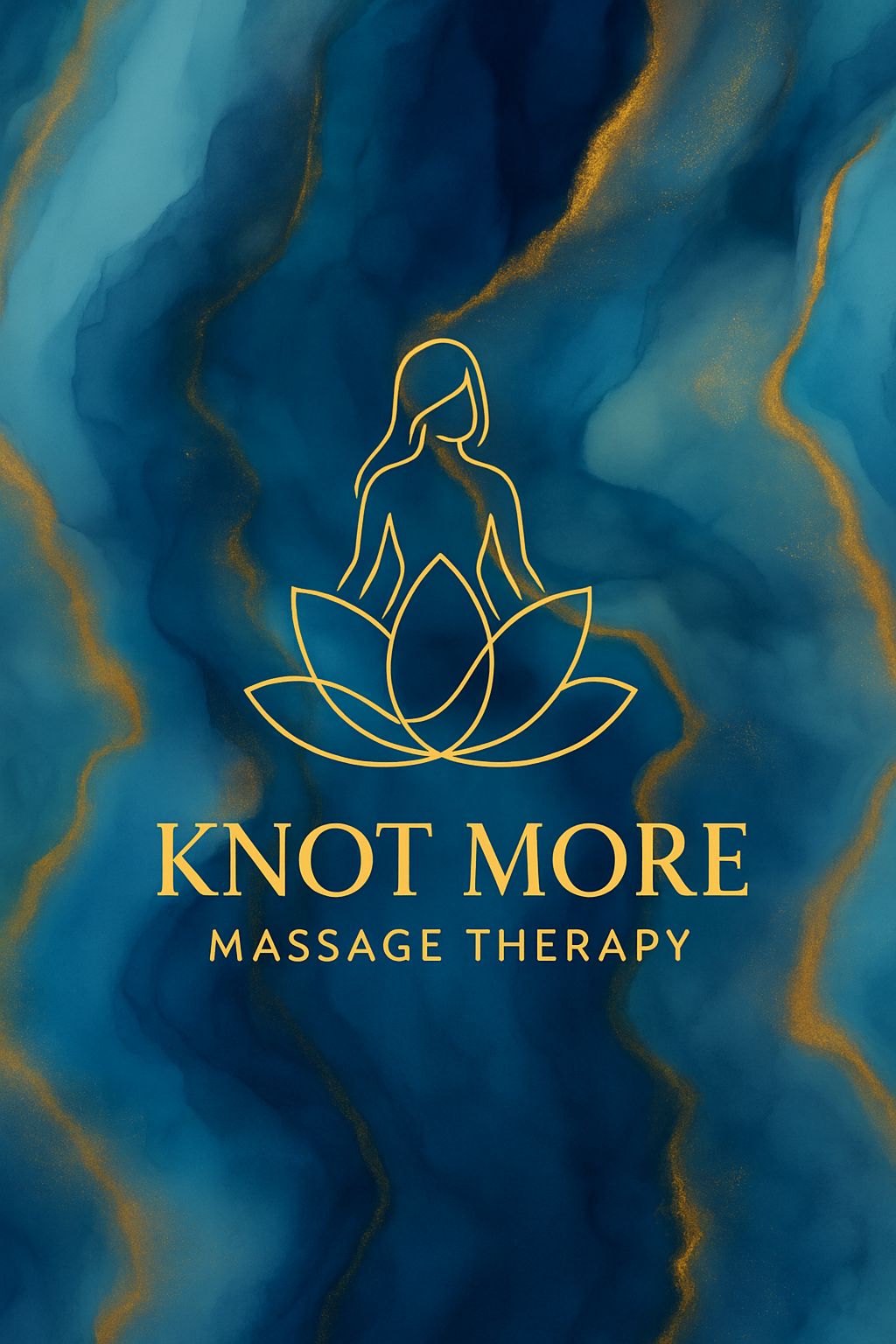 Knot More Massage Therapy — gold lotus and seated figure on blue marble